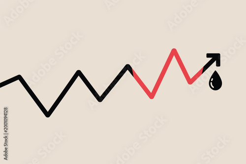 Red upward arrow line graph ending with a black oil drop icon, price hike concept