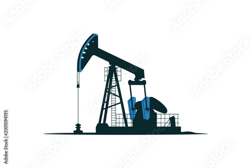 Silhouette of a large oil pump jack against a clean white background, oil extraction concept
