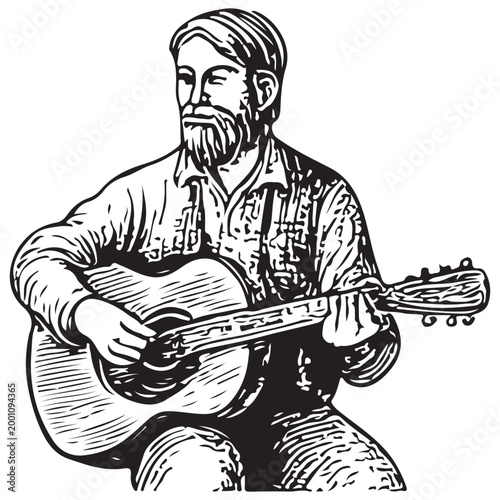 Bearded Folk Musician Playing Acoustic Guitar Traditional Vintage Style Illustration