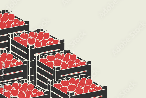 Multiple wooden crates stacked high and filled with fresh red apples, fruit storage concept