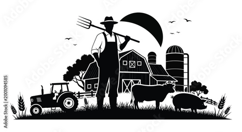 Vintage farm silhouette a farmer with tools and rural landscape under a crescent moon