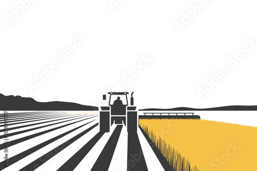 Tractor silhouette harvesting yellow wheat field with high contrast black and white, farming concept