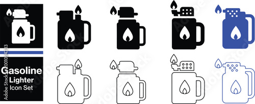 Gasoline Lighter Icon Featuring Pocket Lighter, Flame, Spark and Ignition Symbol – Solid Vector Fire Start Concept