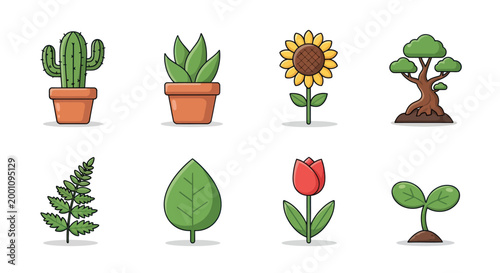 Cartoon plants and trees on white