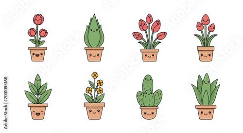 Cartoon plants in pots on white