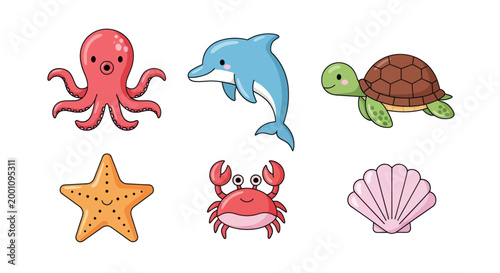 Cartoon sea animals collection on white
