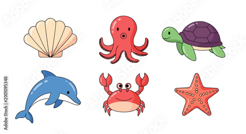 Cartoon sea creatures set