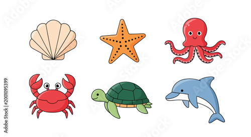 Cartoon sea creatures set on white