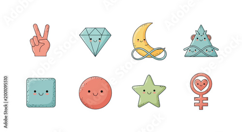 Cartoon shapes and symbols on white background