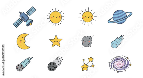 Cartoon space elements on white background