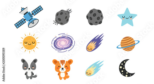 Cartoon space elements on white background