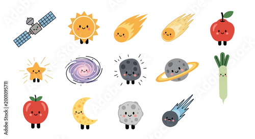 Cartoon space objects and food on white