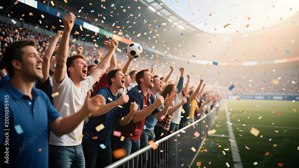 Fototapeta premium Excited soccer fans celebrating victory in stadium with confetti.