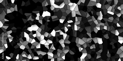 Dynamic abstract mosaic of irregular grayscale polygons with bright white highlights and dark shadows creating a textured surface