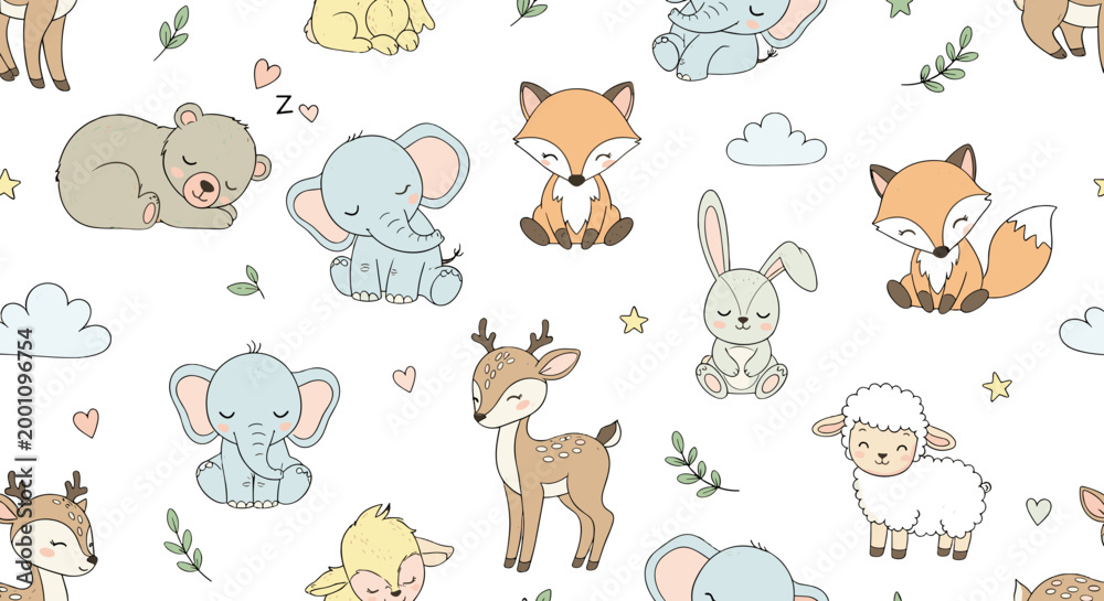 Naklejka premium Cute cartoon animals pattern with fox, rabbit, and deer