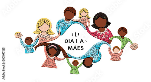 Happy diverse family holding heart with mother and children