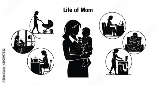 Life of mom a silhouette depicting the many roles of motherhood and daily life