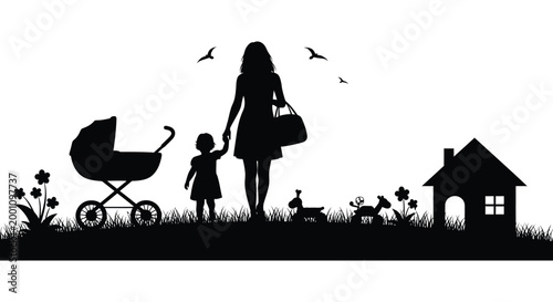 Silhouette of a mother child and baby in a stroller walking through a peaceful landscape
