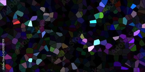 Moody abstract mosaic with a mix of deep blues purples and greens accented by pops of bright cyan and red on a dark textured background