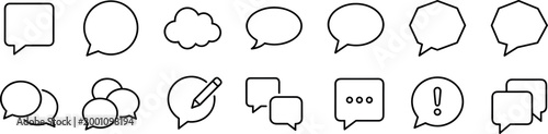 vector speech bubble line icons collection, chat message dialogue and thinking cloud symbols, linear communication elements for mobile app ui on transparent background