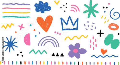 set of hand drawn colorful scribbles and doodles, creative sketch textures with stars and hearts, artistic nursery decor elements on transparent background