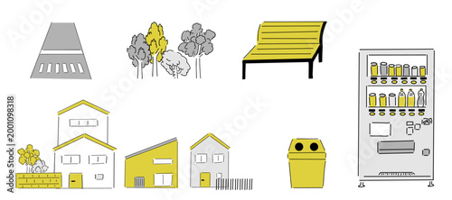 まちの風景_住宅地,公園,横断歩道,緑,ベンチ,自動販売機_カラー｜Cityscape of a residential area with a park, crosswalk, greenery, bench, and vending machine - Color