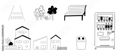 まちの風景_住宅地,公園,横断歩道,緑,ベンチ,自動販売機_線画｜Cityscape of a residential area with a park, crosswalk, greenery, bench, and vending machine - Line art