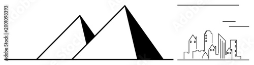 History, architecture, urbanization, contrast, heritage, travel. Black and white ion of pyramids alongside modern buildings. Highlights history and architecture visually