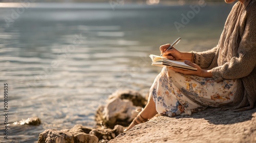 Seaside Musings: A contemplative figure, immersed in the peaceful atmosphere of the waterside, finds solace in the gentle rhythm of writing, penning thoughts amidst the serene natural beauty. 
