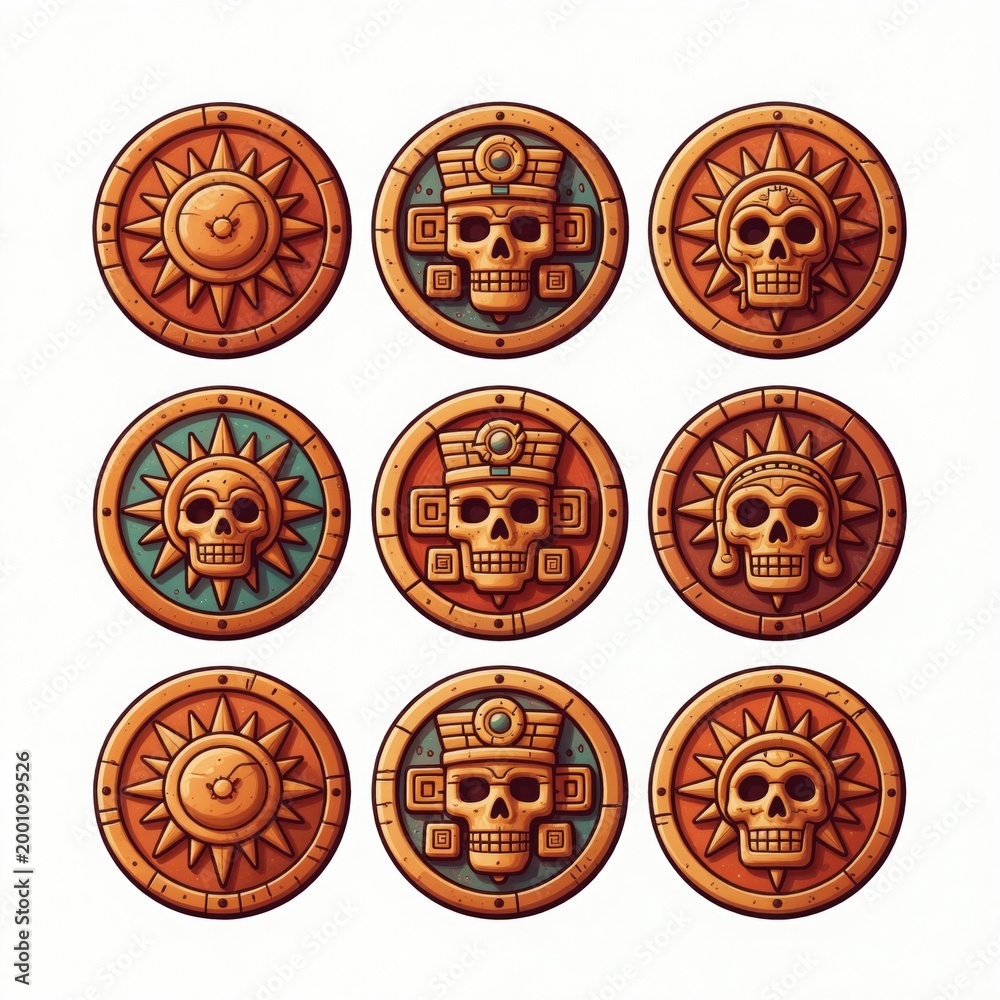 Fototapeta premium Aztec skulls and sun symbols adorn ancient round coins. These artifacts feature intricate carvings and central faces. They are perfect for games and historical themes.