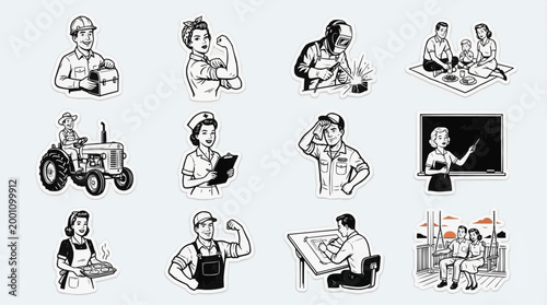 Set of diverse professions and family scenes in vintage mid-century line art style