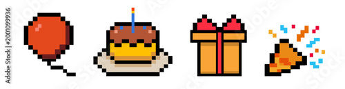 Colorful pixel art set of birthday themed icons including balloon, birthday cake with candle, gift box, and party popper. Retro 8 bit vector graphic design