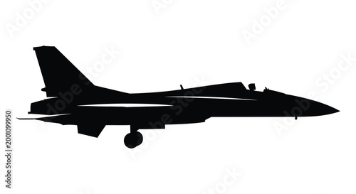 Black silhouette of a modern jet fighter aircraft against a white background