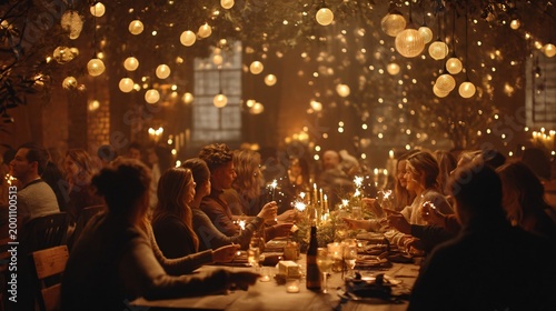 Enchanted Feast: A warm and inviting atmosphere as individuals gather around a long table laden with food, beneath a canopy of twinkling lights, creating a magical dining experience.