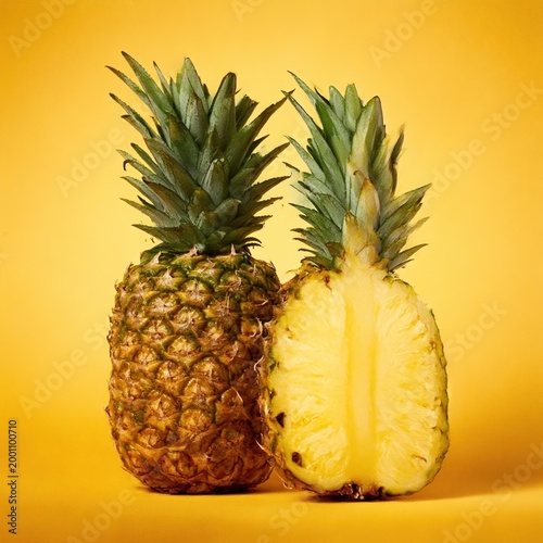 Cut pineapple on yellow background