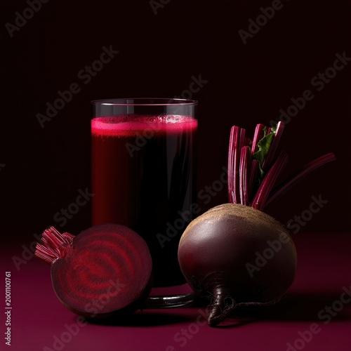 Beet juice and beetroot on dark
