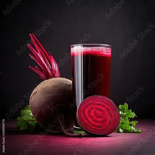 Fresh beet juice with whole beets nearby