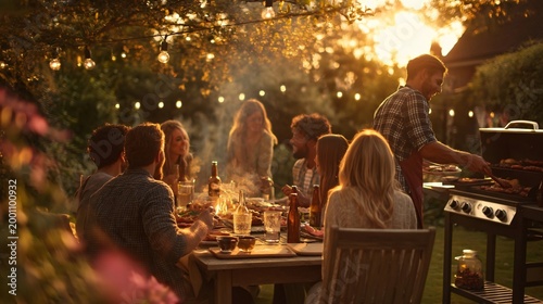 Twilight BBQ Gathering: Friends and family gather around a table laden with food, laughter, and the warm glow of string lights for a memorable evening.