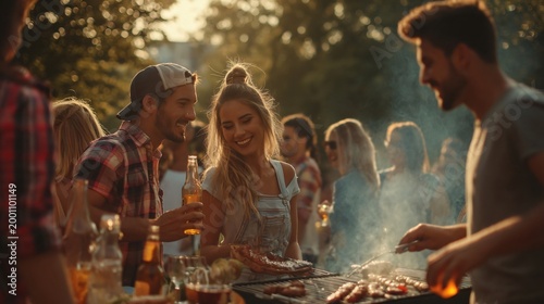 Gathering for a Feast: Friends and family come together for a barbecue, a scene of warmth, good company, and shared enjoyment.  The warmth from the grill mingles with the happiness of the guests.