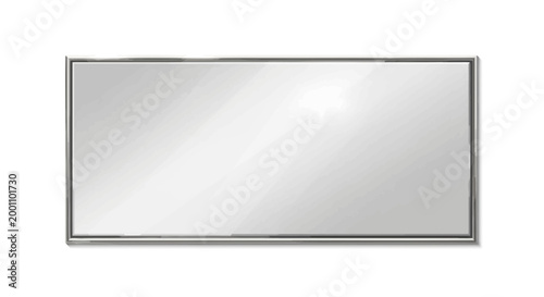 Modern rectangular mirror with silver frame on white background, reflecting light and shadow, interior design element, home decor, minimalist style