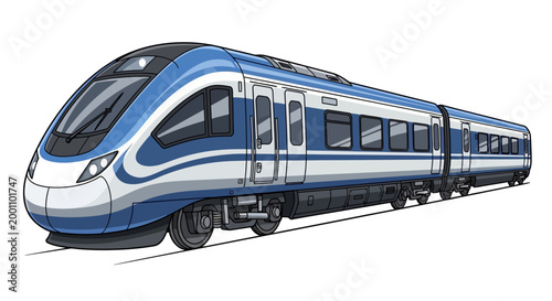 Modern blue and white high-speed train traveling on railway track, sleek transportation concept, futuristic train design, public transit
