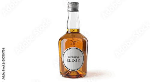 Small glass bottle of golden elixir on white background, closeup view of health supplement or luxury potion with silver cap, natural product photography