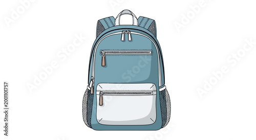 Teal blue backpack with white pocket and silver zippers on white background, school or travel bag