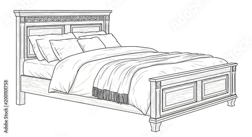 Modern bedroom furniture, comfortable bed with pillows and blanket, home decor, interior design, wooden frame, bedding, night sleep, relaxation, cozy, peaceful, serene atmosphere