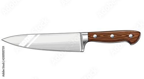 Sharp kitchen chef knife with wooden handle and silver rivets on white background, cooking utensil for culinary professional or home cook