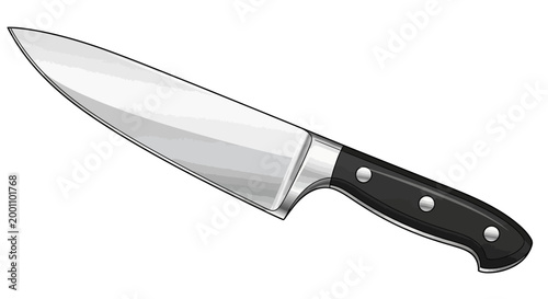Sharp kitchen knife with black handle, silver blade, and rivets, isolated on white background for cooking, cutting, and culinary concepts