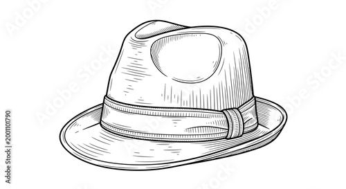 Vintage stylish fedora hat with wide brim and ribbon band, classic fashion accessory, elegant headwear, hat for man, men's style, fashion illustration