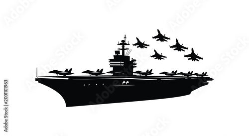 Naval power projection silhouette of an aircraft carrier and fighter jets at sea