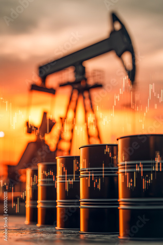 Oil barrels with stock market financial charts overlay against an oil pump jack at sunset. Conceptual image representing energy industry economics, fuel prices, and global trading