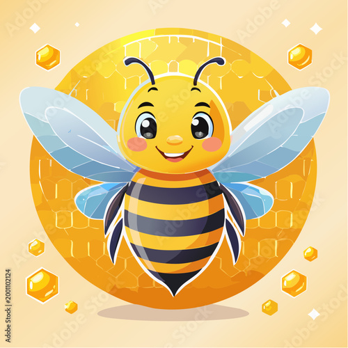 Cute cartoon bee illustration with honeycombs and wings, representing nature and sweetness